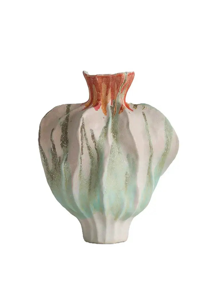 A sculptural irregular porcelain tulip vase in mint green white glaze with gold streaks and orange-red rim for decorbites decor
