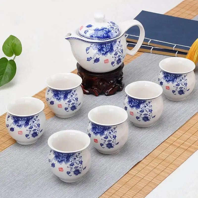 Blue and white double ceramic teaware set with floral patterns for dining room use in porcelain material