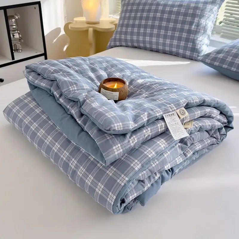Blue and white plaid cotton summer quilt with soft textured fabric finish for bedroom comfort and soybean fiber filling