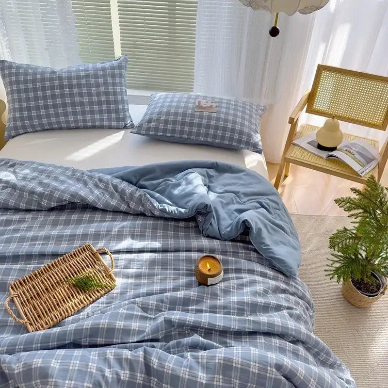 Blue and white plaid cotton summer quilt with soybean fiber filling featuring soft cozy texture for bedroom decorbites cotton summer