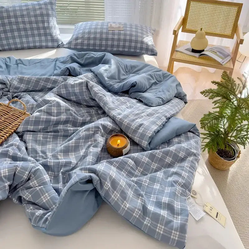 Blue and white plaid cotton summer quilt with soybean fiber filling for bedroom decorbites cotton summer comforter set