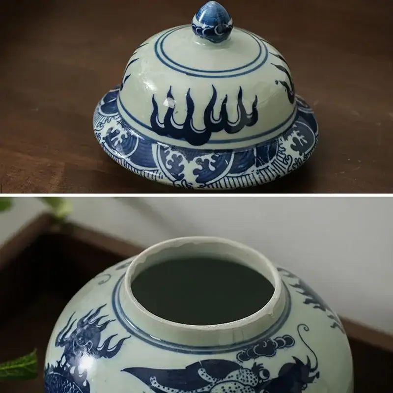 Blue white porcelain dragon ginger jar with intricate motifs and domed lid for dining room storage by decorbites white porcelain general