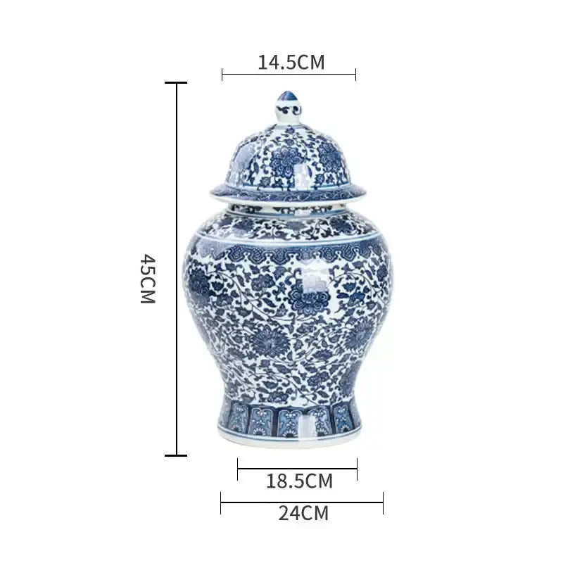 A classic blue white porcelain dragon ginger jar with intricate floral patterns and matching lid for dining room storage