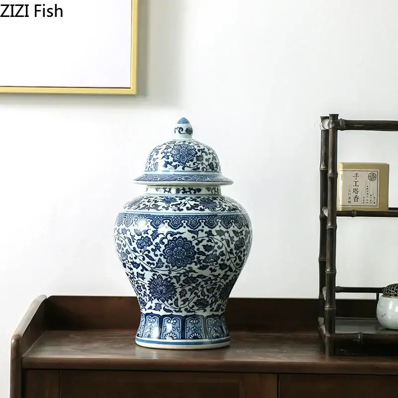 Blue and white porcelain dragon ginger jar with intricate floral patterns for dining room storage decorbites blue white