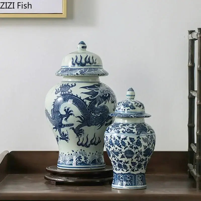 Blue and white porcelain dragon ginger jars with intricate floral designs for dining room storage by decorbites blue white
