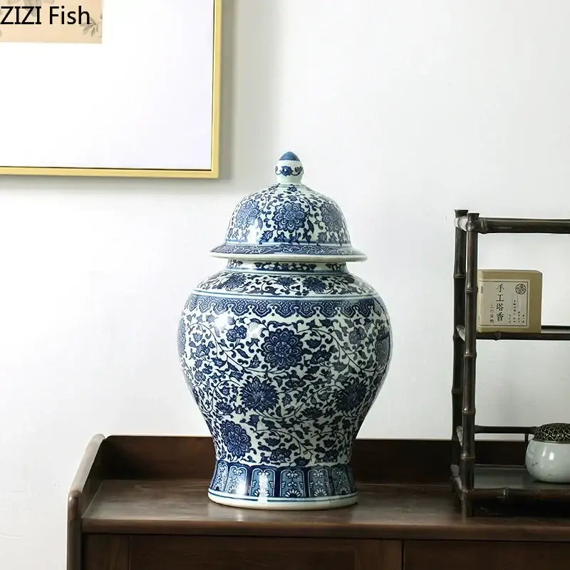 Blue and white porcelain dragon ginger jar with intricate floral patterns for dining room storage decorbites blue white