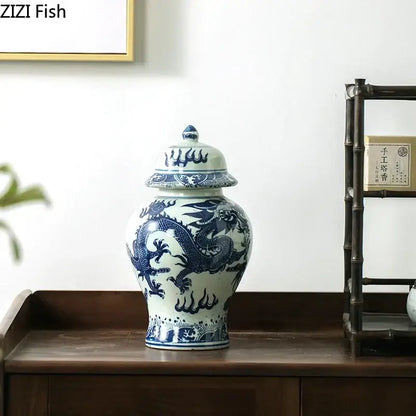 A classic blue white porcelain dragon ginger jar with ornate lid for dining room storage and decorbites blue white style