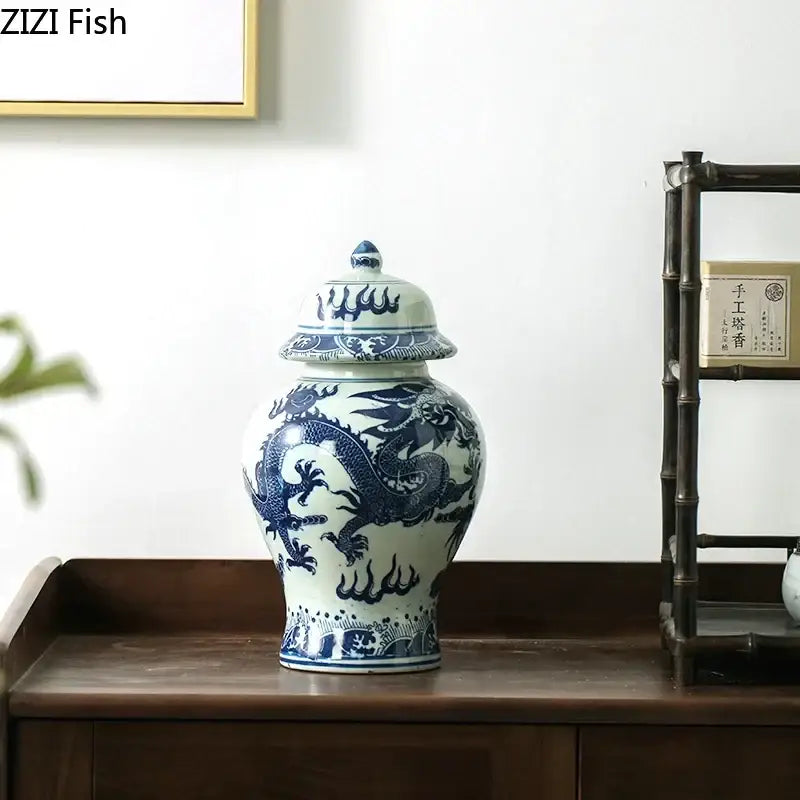 A classic blue white porcelain dragon ginger jar with ornate lid for dining room storage and decorbites blue white style
