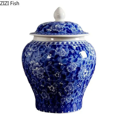 Blue and white porcelain general jar tea canister with intricate floral mosaic pattern and matching lid for dining room decor