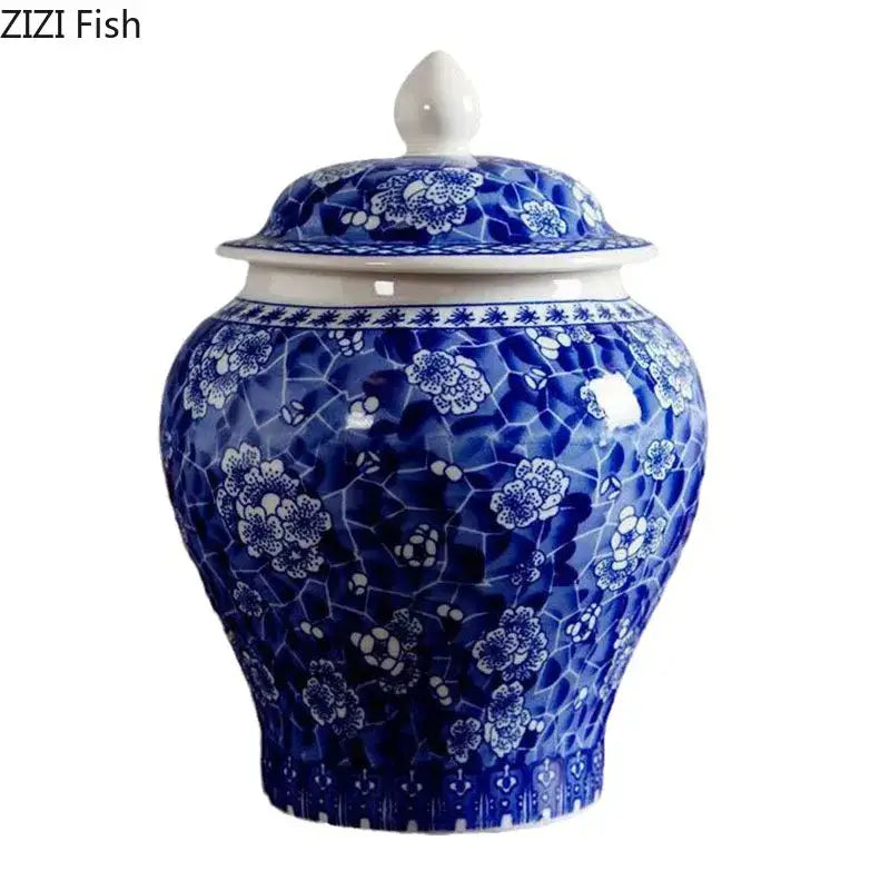 Blue and white porcelain general jar tea canister with intricate floral mosaic pattern and matching lid for dining room decor