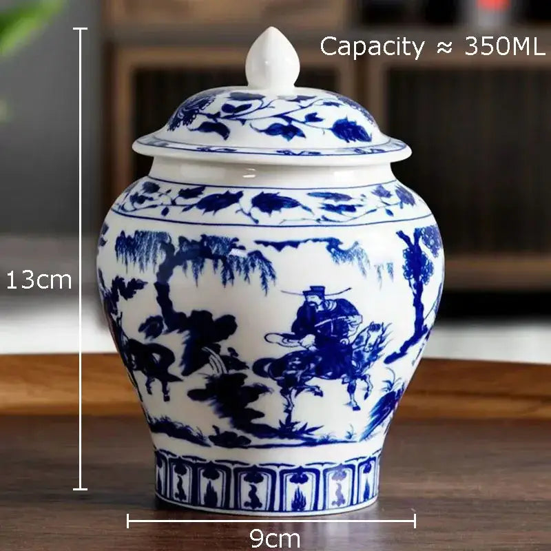 White porcelain general jar tea canister with blue underglaze rider design and matching lid for dining room decor
