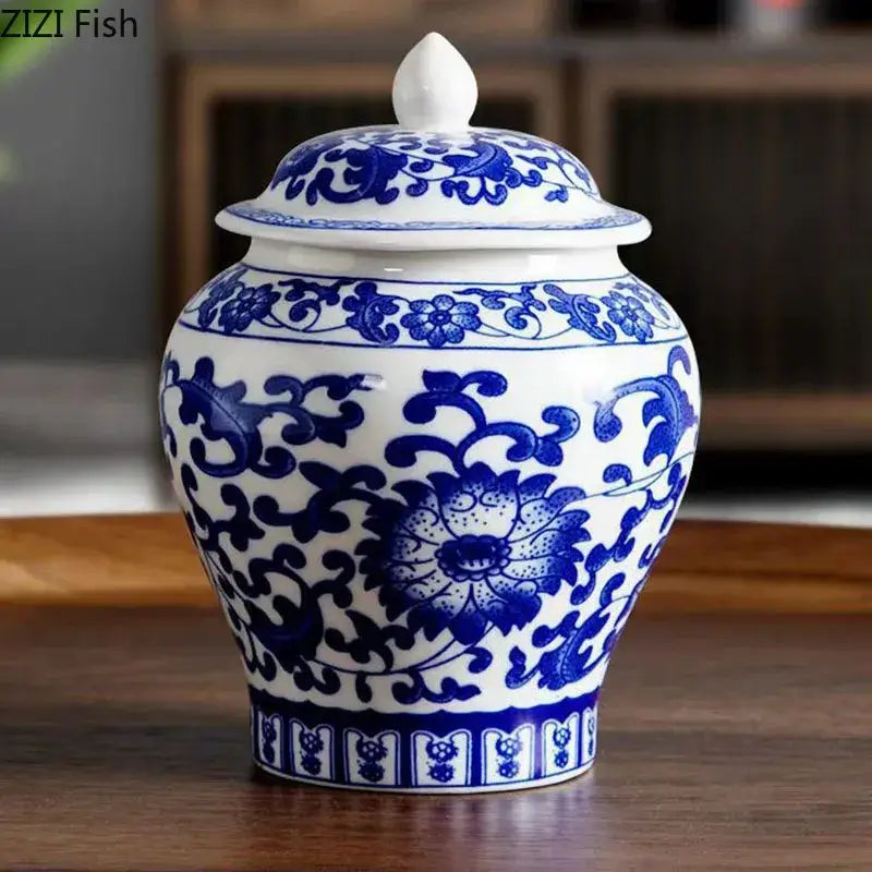 A classic blue and white porcelain general jar tea canister with intricate floral patterns and matching lid finial