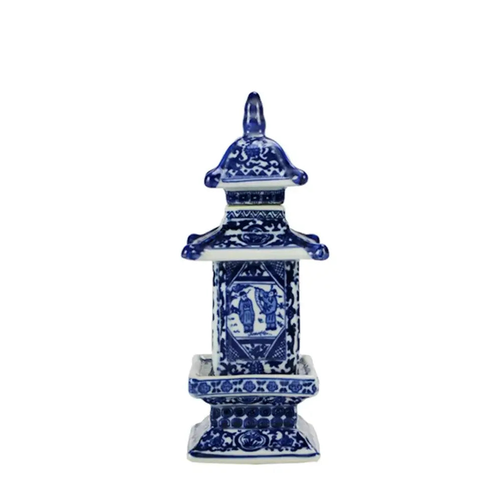 Blue and white porcelain layered pagoda vase with intricate hand-painted designs for living room decor