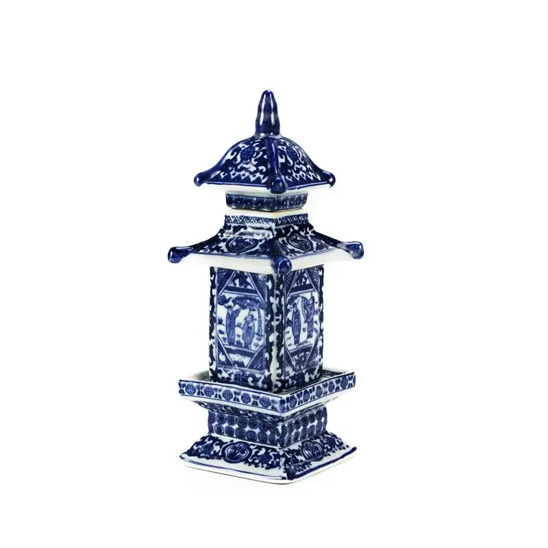 Blue and white porcelain layered pagoda vase with intricate hand-painted designs for living room decor