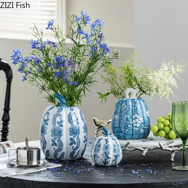 Blue white porcelain pumpkin vase with floral patterns ideal for living room decor and white porcelain pumpkin accents