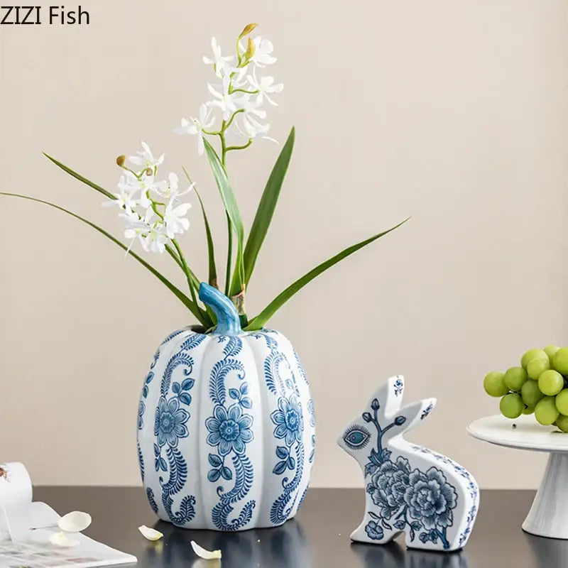 Blue white porcelain pumpkin vase with floral patterns ideal for living room white porcelain pumpkin decor