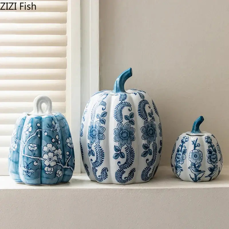 Three blue white porcelain pumpkin vases with floral patterns and glossy finish for living room decor
