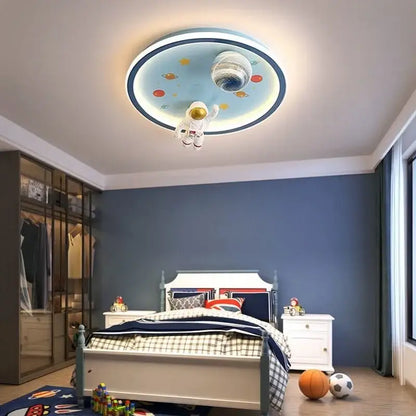 Blue and white space led cartoon chandelier with astronaut figurine and planet decorbites blue space kids ceiling light
