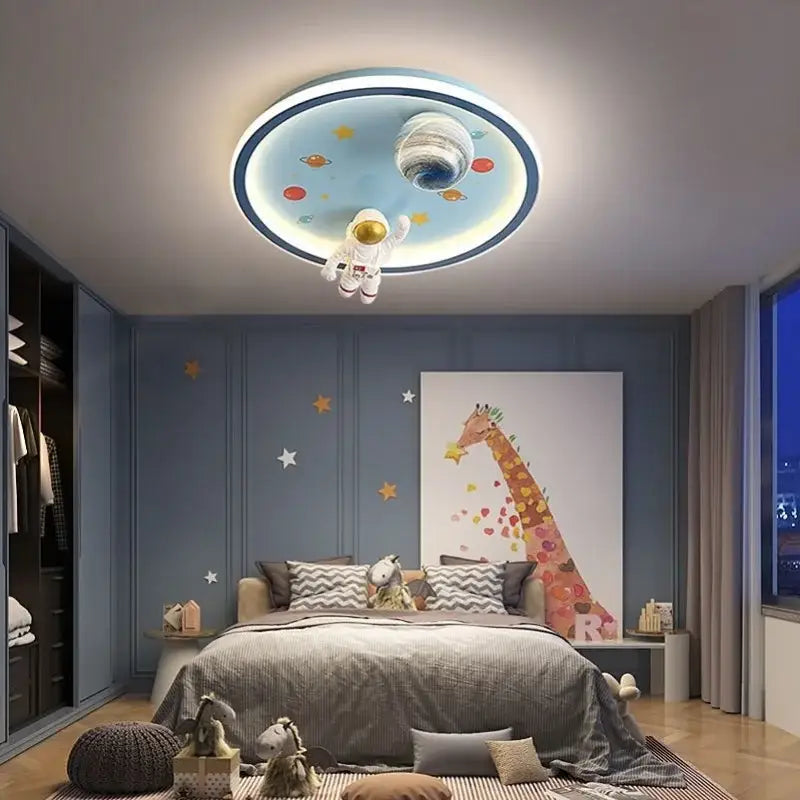 Blue and white space led cartoon chandelier kids bedroom ceiling light with circular design astronaut and planet decorbites blue space