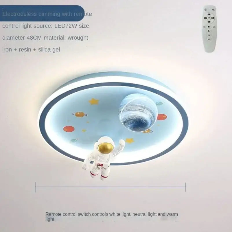 A circular white led ceiling light with a blue space led cartoon design featuring planets and an astronaut figurine