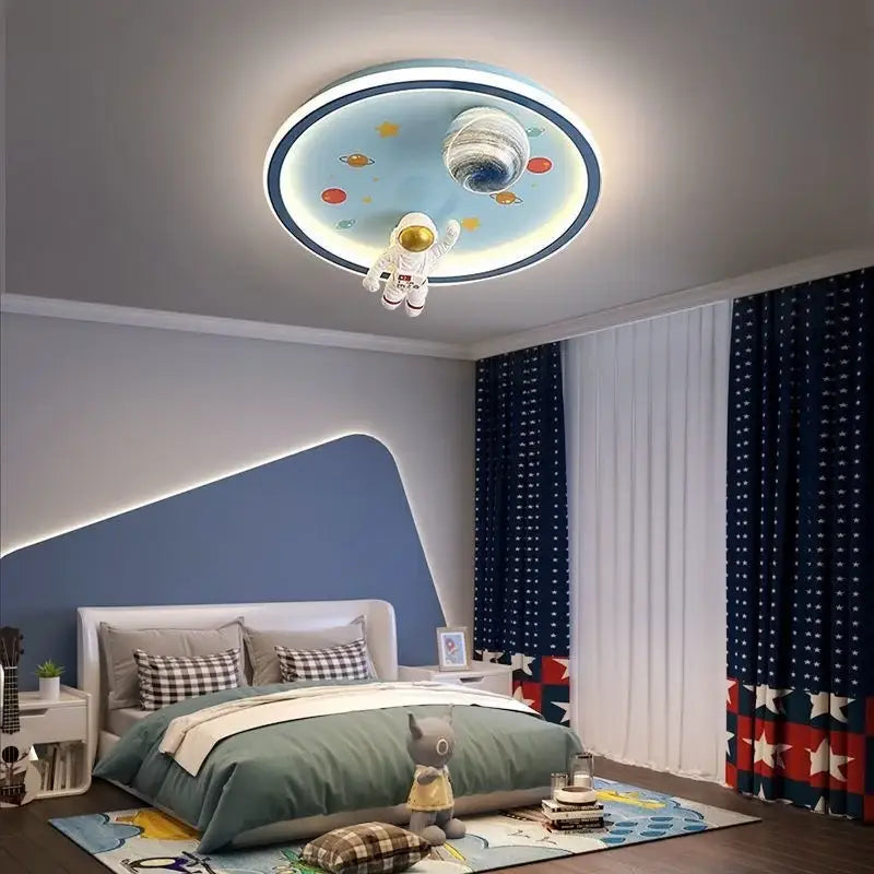 Round blue and white space led cartoon chandelier featuring astronaut and planets for kids bedroom decorbites blue space light