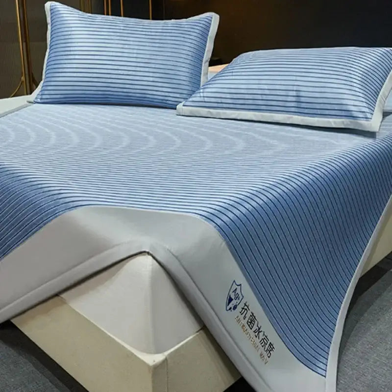 Blue and white striped cooling bed mat set with textured wave pattern for decorbites cooling bed comfort and decor