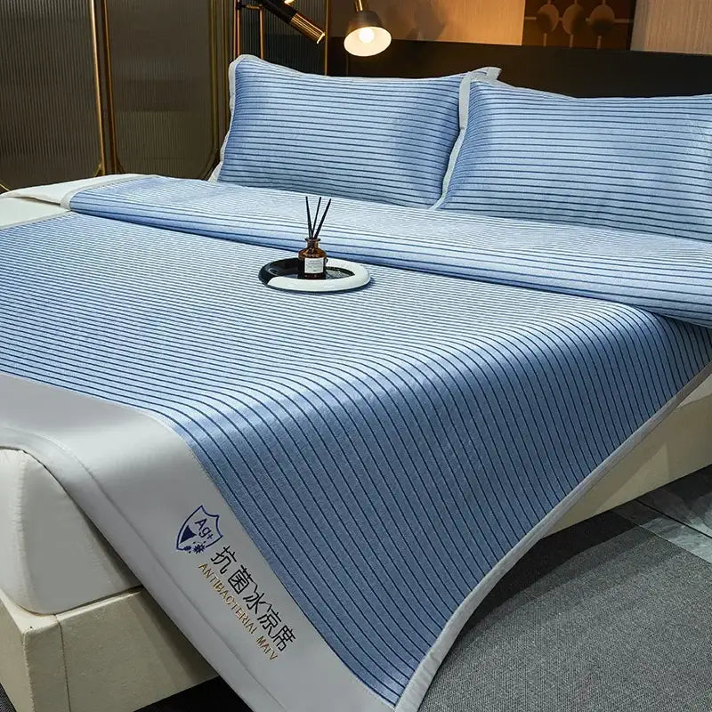 Blue and white striped cooling bed mat set with soft textured fabric finish for decorbites cooling bed use