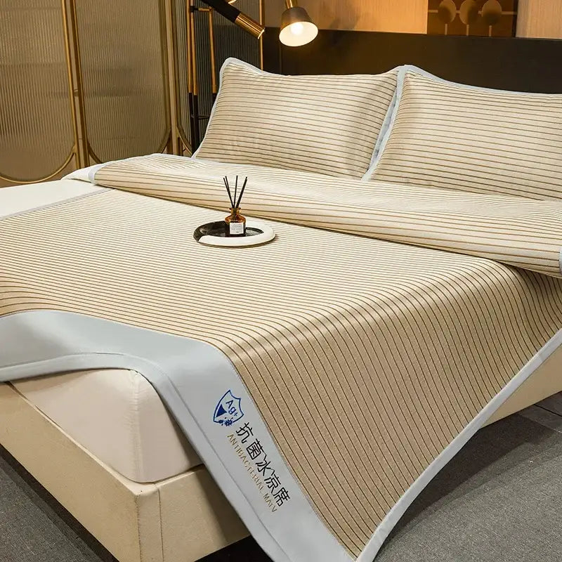 Beige and white striped cooling bed mat with bamboo texture and decorbites cooling bed logo edge mat set for sleeping comfort