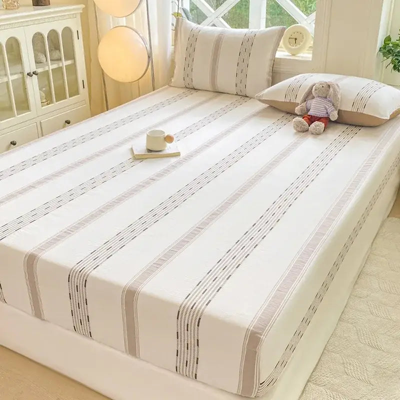 White bed sheet with beige and gray stripes in blue and white striped cotton jacquard fitted sheet set for bedroom