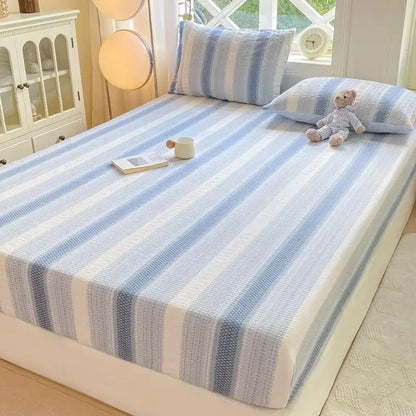 Blue and white striped cotton jacquard fitted sheet set with textured woven fabric for bedroom use