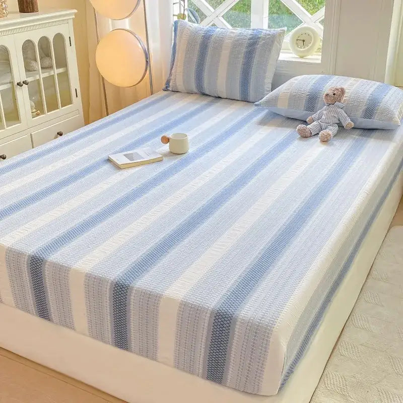 Blue and white striped cotton jacquard fitted sheet set with textured woven fabric for bedroom use