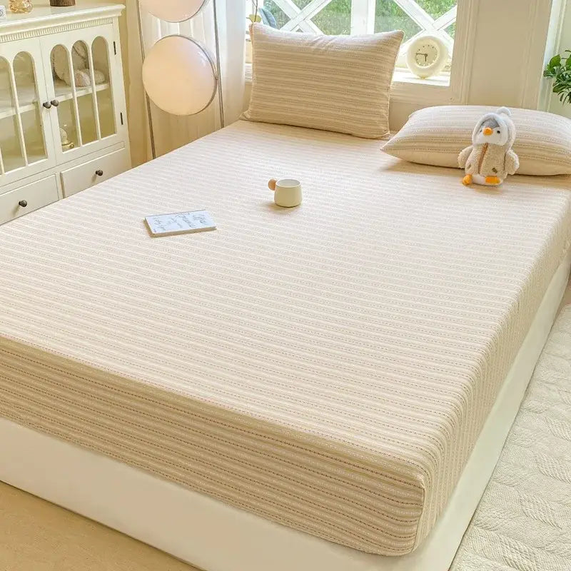 Beige striped mattress protector with subtle texture paired with blue and white striped cotton jacquard fitted sheet set