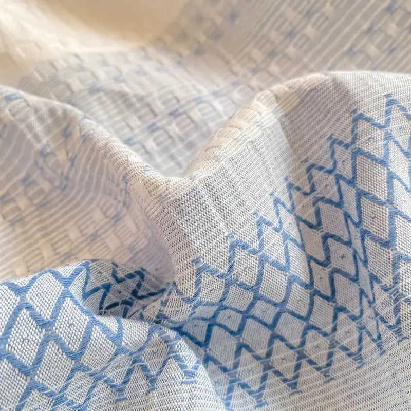 Light blue and white patterned cotton jacquard fitted sheet set with woven diamond design for bedroom use