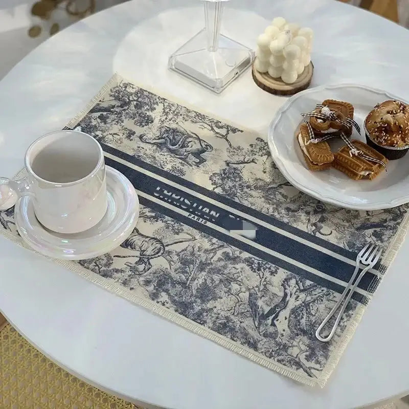 Dior blue and white toile cotton linen place mat with frayed edges ideal for kitchen dining decorbites cotton linen use
