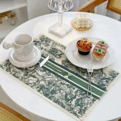 Green and cream toile-patterned cotton linen place mat with frayed edges for kitchen dining decorbites cotton linen sets