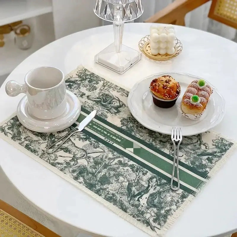 Green and cream toile-patterned cotton linen place mat with frayed edges for kitchen dining decorbites cotton linen sets
