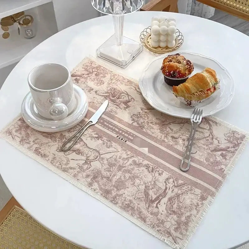 Beige and taupe toile-patterned cotton linen place mat with frayed edges for kitchen dining decorbites linen place mat