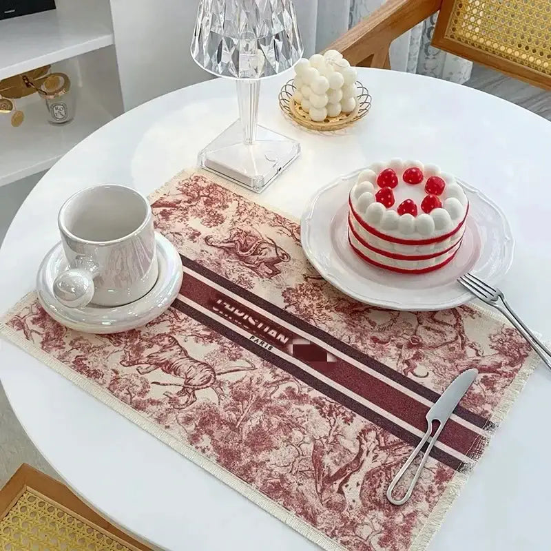 Arectangular dior paris cotton linen place mat with vintage red beige toile and burgundy cream stripes decorbites cotton linen