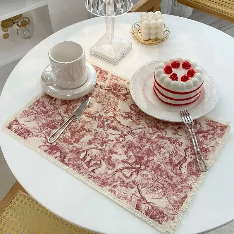 Red and cream toile-patterned cotton linen place mat with frayed edges for decorbites cotton linen kitchen dining decor