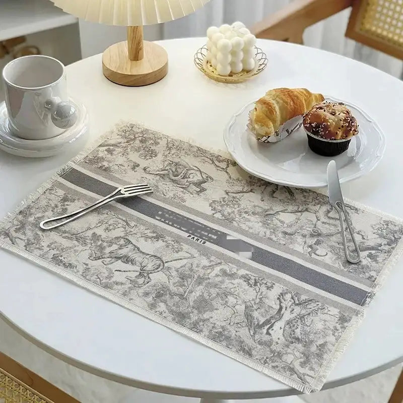 Blue and white toile cotton linen place mat set with gray and white vintage animal print and horizontal stripes decorbites cotton linen