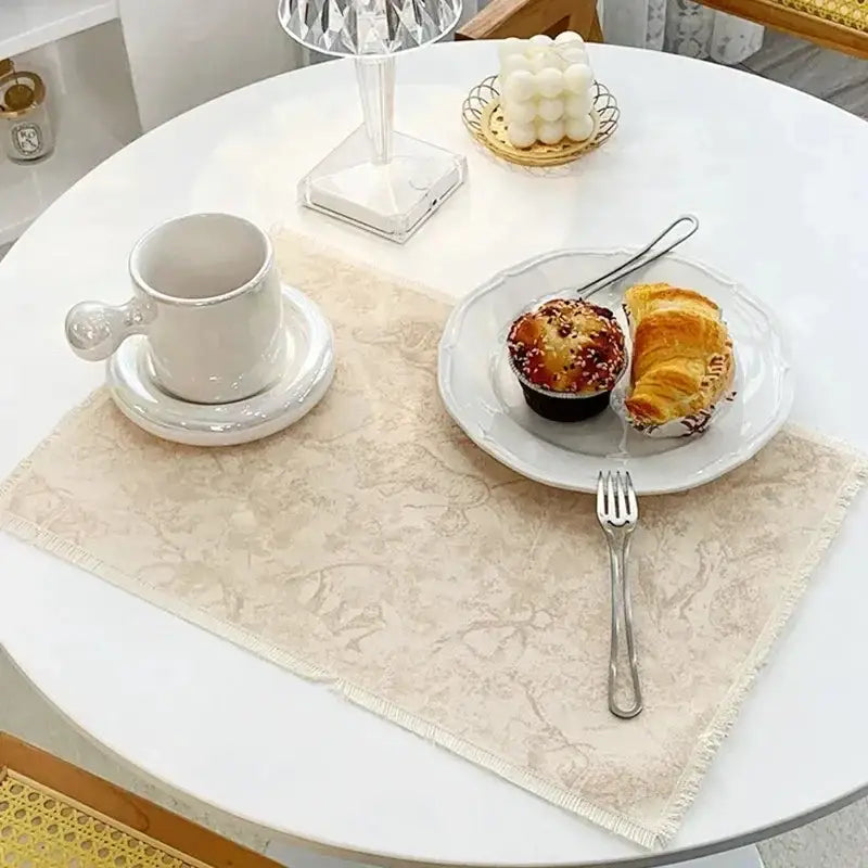 Beige lace linen place mat with frayed edges and floral pattern from decorbites cotton linen place mat set for dining decor