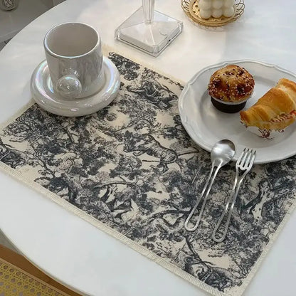 Black and white toile cotton linen place mat with frayed edges for kitchen dining decor by decorbites cotton linen