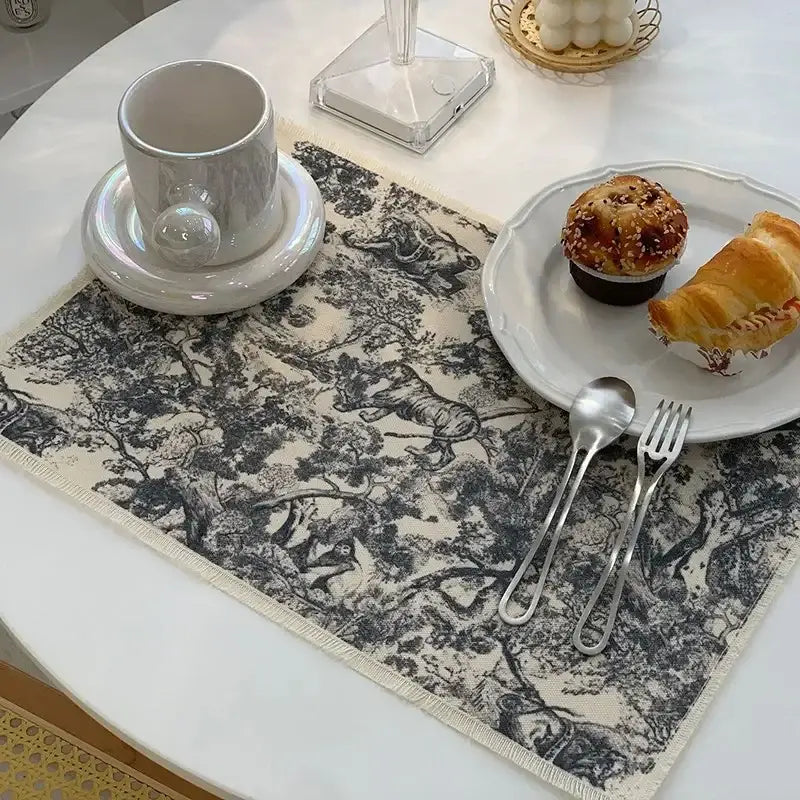 Black and white toile cotton linen place mat with frayed edges for kitchen dining decor by decorbites cotton linen