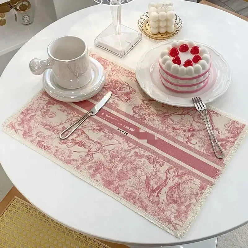 Pink and cream toile cotton linen place mat with frayed edges for kitchen dining decorbites cotton linen use