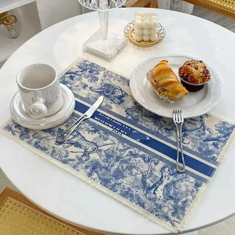 Blue and white toile cotton linen place mat with frayed edges for kitchen dining decorbites cotton linen use