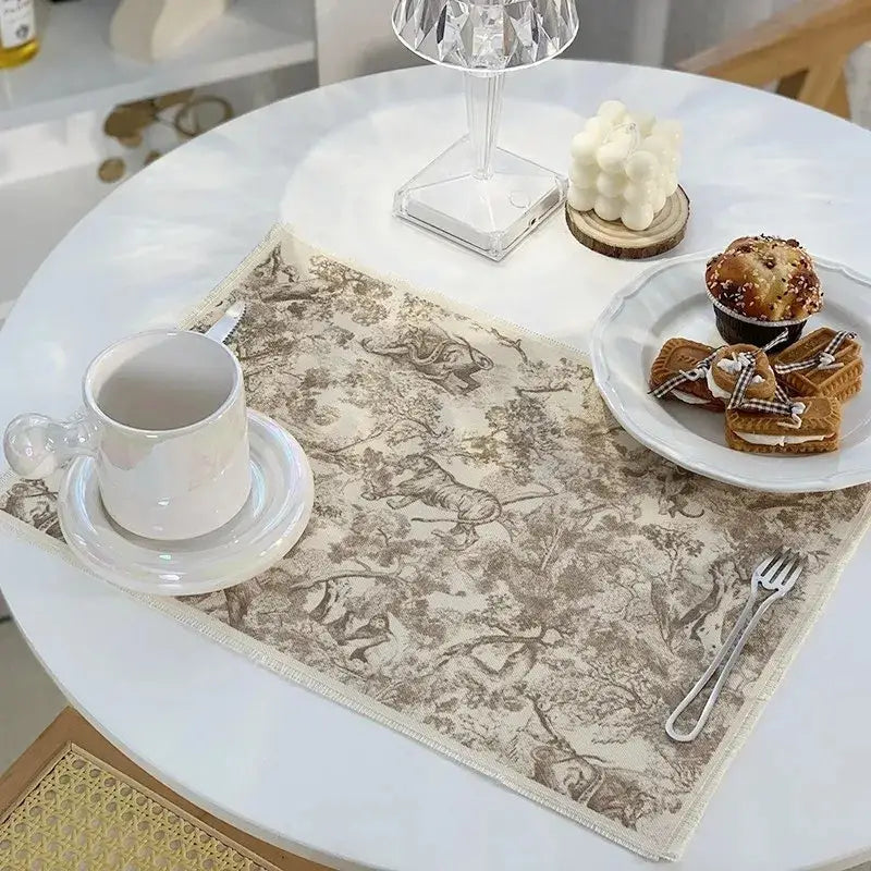 Beige and brown toile-patterned cotton linen place mat with subtle elegant design for kitchen dining decorbites cotton linen