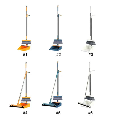 Orange plastic broom scoop set with yellow handle and gray bristle broom for kitchen cleaning with telescoping handle