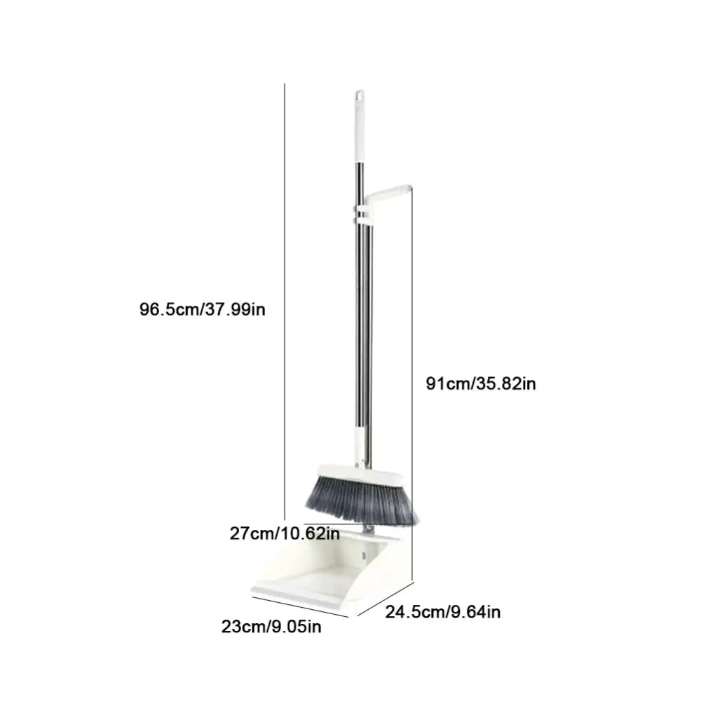 White plastic broom scoop set with silver metal handle and black bristles for kitchen cleaning tool