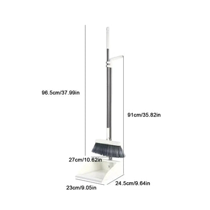White plastic broom scoop set with attached broom featuring silver metal handle and black bristles for kitchen cleaning