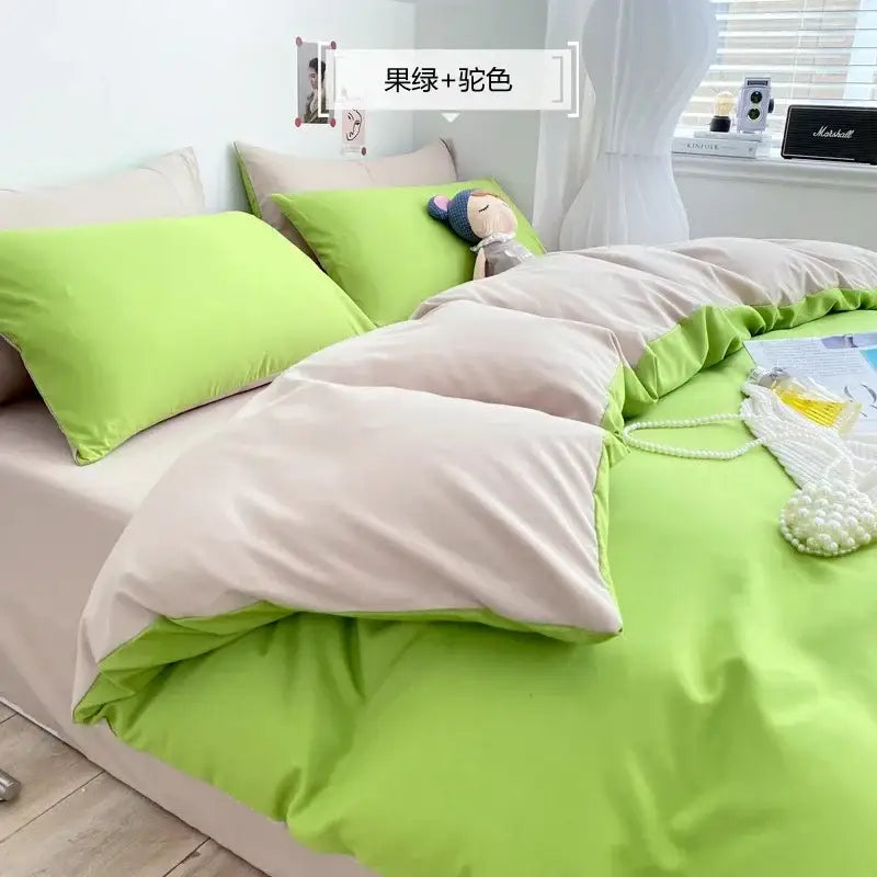 Bright lime green and beige two-tone bedding set with soft smooth fabric for decorbites comfort king size use